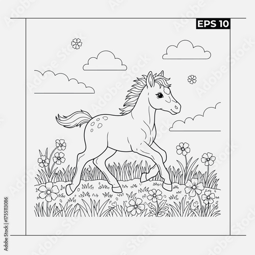 Charming foal galloping through a sunny meadow with flowers and clouds in a line drawing