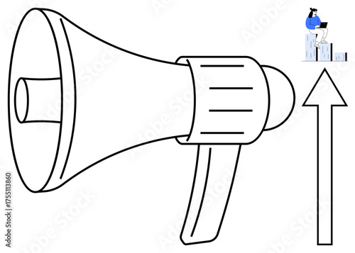 Large megaphone, upward arrow, and seated individual reviewing charts on stacked bars. Ideal for growth, communication, leadership, marketing, success influence promotion. Simple flat metaphor