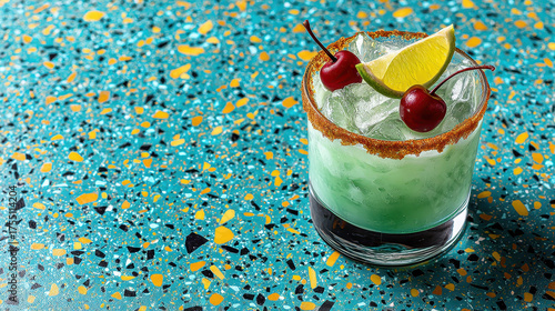 A green drink with a cherry on top. The drink is in a glass and is sitting on a blue surface