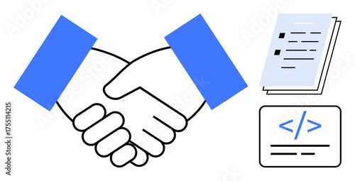 Handshake emphasizing partnership and contracts, accompanied by technical code and documents. Ideal for collaboration, business, technology, agreement, teamwork, coding, and partnerships metaphors