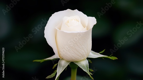 white rose concept. Elegant white rose bloom with delicate petals, green leaves, and dark blurred background, perfect for romantic themes and design projects