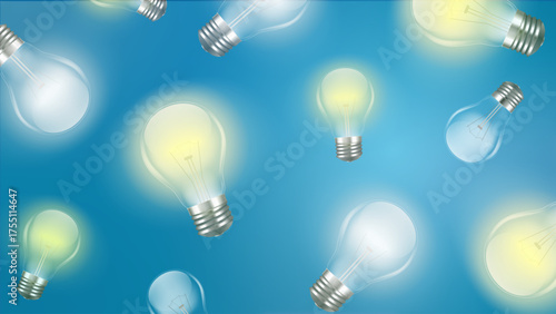 Glowing light bulbs on blue background. Symbol of creativity, innovation and bright ideas. Concept of inspiration, technology, and energy. Vector EPS 10