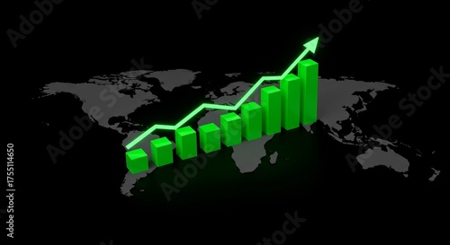 3D green bar chart with glowing upward arrow symbolizing global economic growth and business success on a dark world map background.
