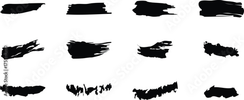 Collection of twelve black ink brush strokes on white background abstract