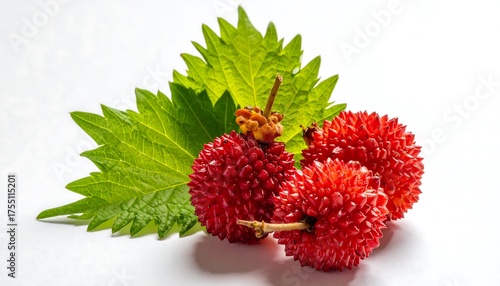 Bright Red Roseleaf Raspberry with Green Leaves on White.