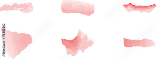 Six abstract watercolor brush strokes in varying shades of red and pink vector