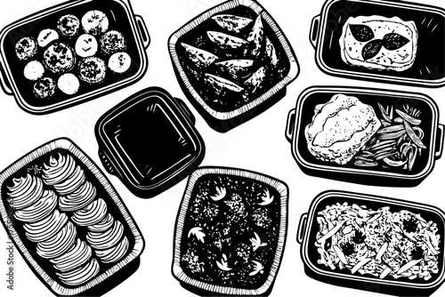 A hand drawn vector set of sushi rolls and fish illustration with a seamless pattern for food design