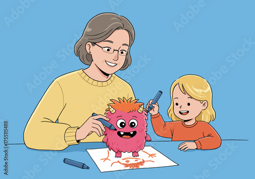 Creative art therapy for kids – psychologist drawing monster with child to develop imagination and confidence
