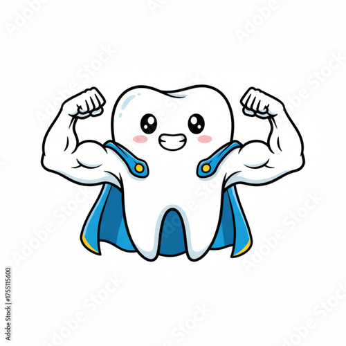 Strong Tooth Superhero Protecting Dental Health and Hygiene with Power and Smiles!