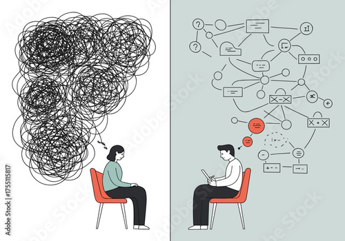 Psychotherapy concept – woman sharing tangled thoughts and psychologist helping organize them