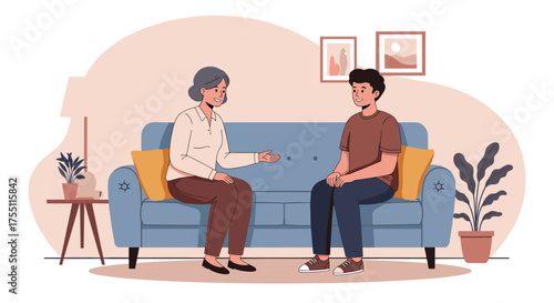 Psychologist talking with young man during therapy session – concept of professional help and mental health care