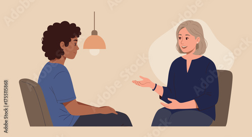 Psychologist talking with teenager – adolescent therapy and emotional support session illustration