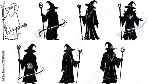 Wizard characters, magical staff, pointed hat, glowing symbols, fantasy poses, enchanted effects, robe design, spell casting, illustration set, mystic icons