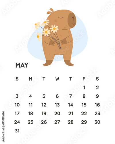 May spring month calendar with funny capybara