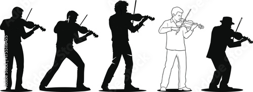 Violin players, silhouette group, detailed musician, classical performance, music ensemble, artistic contrast, bow technique, orchestra scene, instrument pose, illustration set