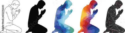 Prayer pose, kneeling figure, artistic styles, silhouette, polygonal pattern, wireframe overlay, spiritual gesture, meditation icon, illustration set, devotion