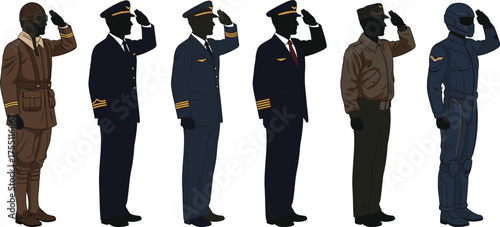 Pilot uniform evolution, aviation history, military to modern, flight attire, saluting pose, vintage gear, airline outfit, aviation icon, illustration set