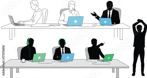 Office teamwork, remote collaboration, laptop users, digital workspace, tech professionals, creative brainstorming, online meeting, modern work culture, productivity, communication