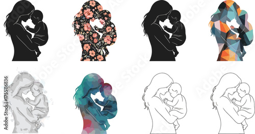 Mother and baby, artistic styles, silhouette, floral overlay, polygonal pattern, watercolor effect, line drawing, emotional bond, illustration set