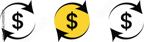 Black dollar sign with circular arrows and yellow coin icon money currency