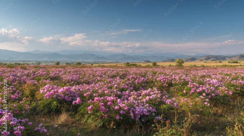 Fototapeta premium Colorful fields filled with vibrant pink flowers stretch towards the horizon. Distant mountains provide a stunning backdrop under a clear blue sky during daytime.