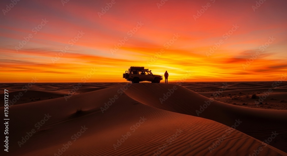 Fototapeta premium Desert adventure at sunset: off-road vehicle and traveler on dune