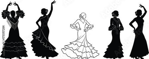 Flamenco dancers, silhouette set, traditional dress, dramatic pose, cultural elegance, Spanish dance, ruffled costume, expressive movement, artistic style, illustration pack