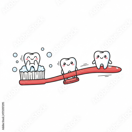 Happy Teeth on a Toothbrush Adorable Dental Care Illustration