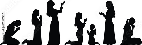 Female prayer silhouettes, age progression, spiritual pose, kneeling and standing, devotion timeline, life stages, religious gesture, illustration set, emotional icon