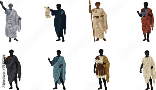 Ancient Roman figures, toga and tunic, cultural attire, historical roles, senator soldier citizen, scroll staff armor, illustration set, Roman fashion