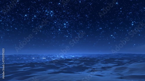 Vast starry night sky over a tranquil desert landscape with distant city lights glowing on the horizon, a serene and expansive nocturnal scene.