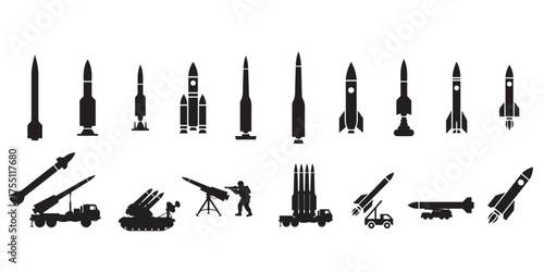 Military missiles set, black silhouette, minimalist stencil design, vector illustration on a transparent background.