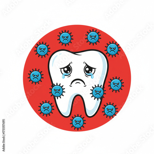 Sad tooth surrounded by angry cartoon germs, representing dental health problems