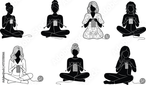 Women knitting silhouettes, cross-legged pose, yarn and needles, craft activity, minimalist style, handmade art, textile icon, illustration set, hobby theme