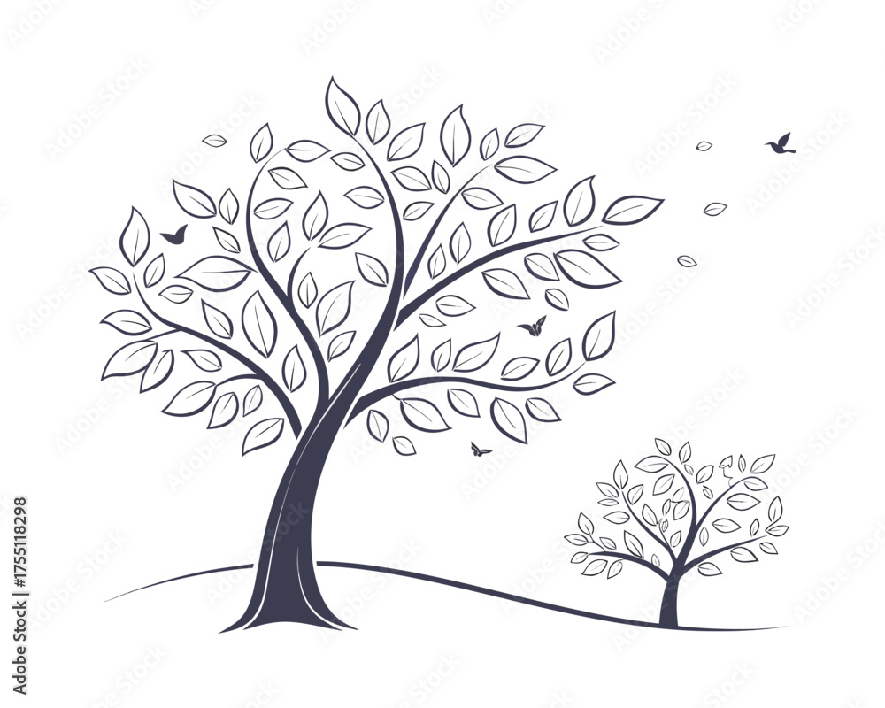 Fototapeta premium Elegant Tree Vector Illustration with Flowing Leaves and Birds in Flight for Graphic Design and Nature Inspired Projects