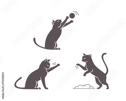 Three playful cat silhouettes isolated on white background vector illustration capturing feline antics and domestic animal behavior