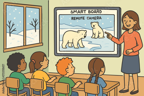 Teacher explaining polar bear habitat using smart board while students observe in classroom setting