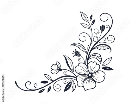 Elegant floral corner design with delicate flowers leaves and swirling tendrils on a clean white background for creative projects and decorative enhancements