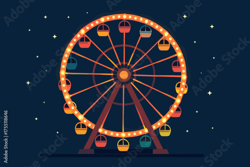 Brightly lit Ferris wheel stands against a starry night sky at an amusement park with colorful gondolas