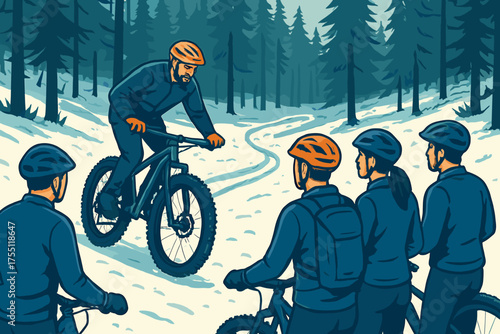 Winter mountain biking lessons in a snowy forest setting with enthusiastic participants