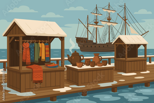 Colorful market stalls on a wooden pier with a ship in the background on a calm day
