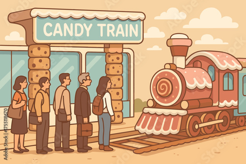 People waiting at a candy train station with festive decorations in a whimsical scene