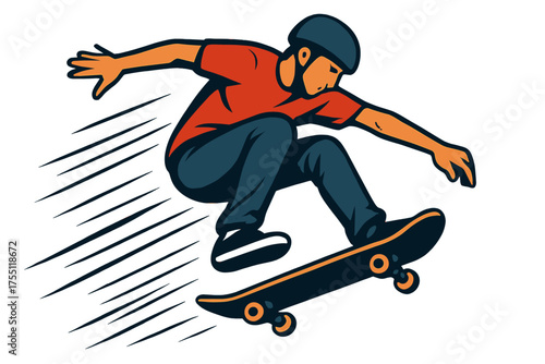 Skateboarder performs a trick in a dynamic urban setting with motion lines emphasizing speed and skill