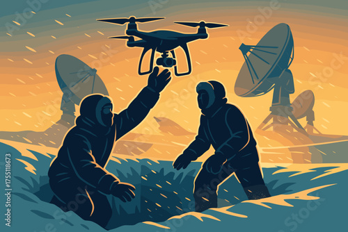 Scientists operating a drone in a snowy landscape with satellite dishes during sunset in a challenging environment