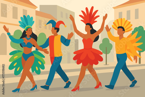 Colorful dancers celebrate during a parade in a vibrant city street, showcasing cultural costumes and festive spirit
