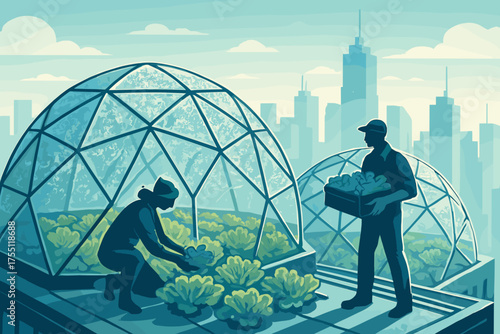 Urban gardeners harvest fresh produce from rooftop greenhouses in a bustling city skyline