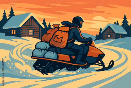 Snowmobile rider transporting supplies through a snowy landscape at sunset