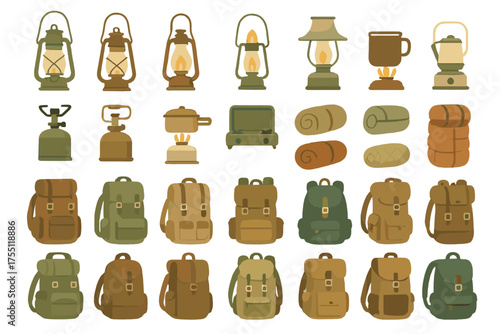 Backpacks and camping gear arranged in a fun and colorful outdoor setup with lamps and cooking tools