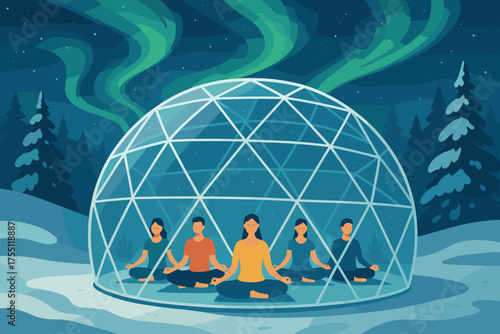 Meditation session inside a geodesic dome surrounded by snowy trees under the northern lights at night