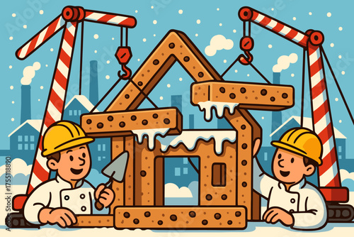 Building a gingerbread house in winter with construction workers and cranes in a snowy town scene